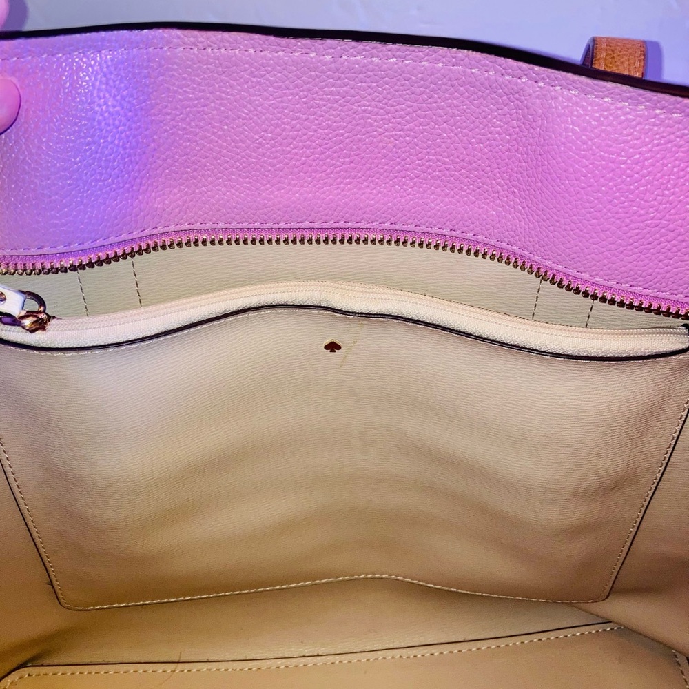 Kate Spade Large Pebbled Leather Lavender and Cream Tote Bag with Brown Handles - Picture 11 of 16